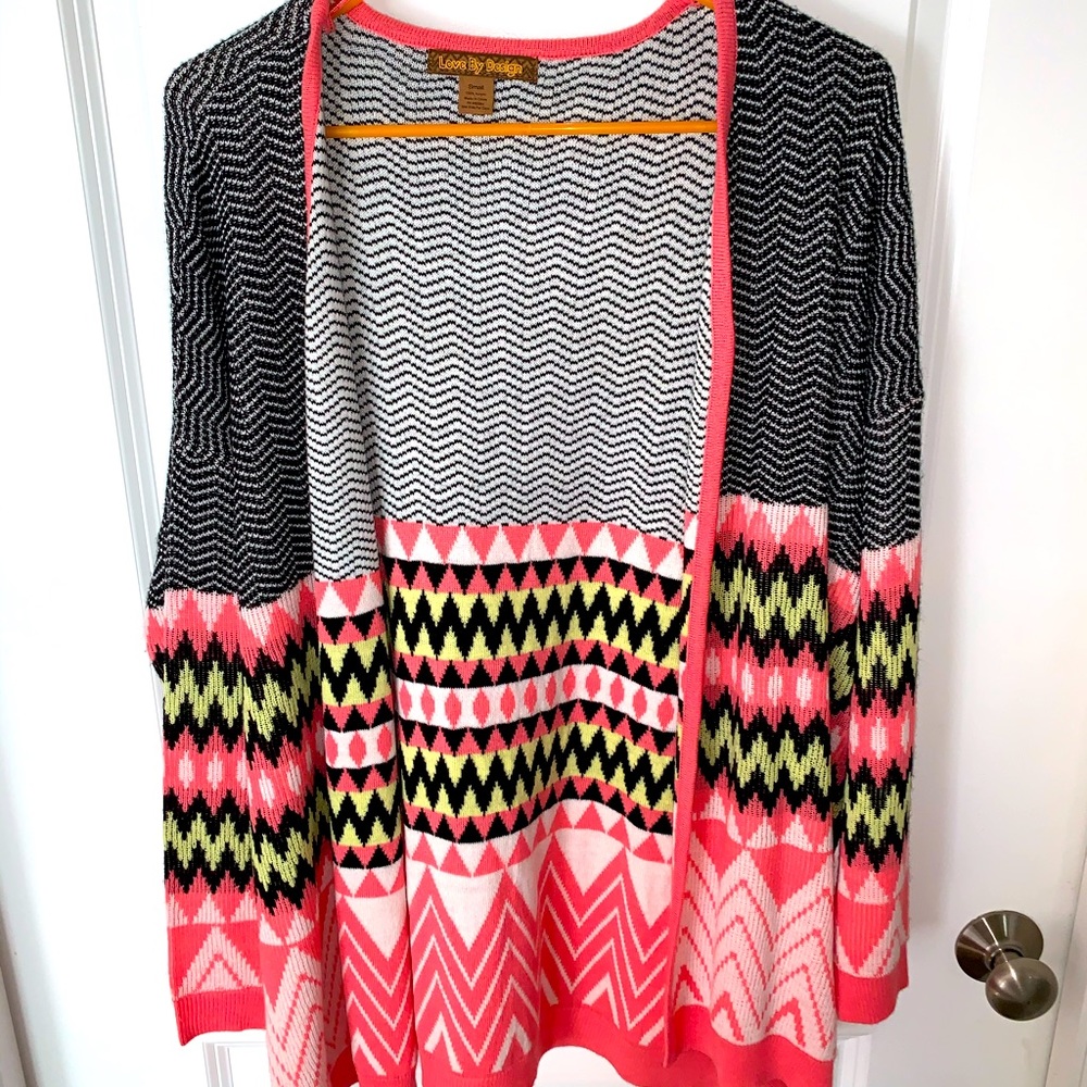 Neon Yellow, Coral, Black and White Cardigan